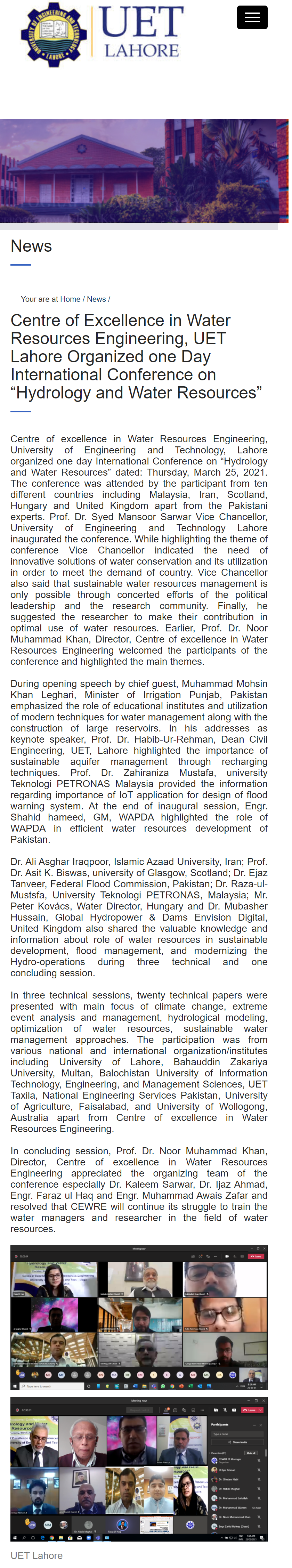 UET News - News Highlights on International Conference on Hydrology & Water Resources 2021 - Organi