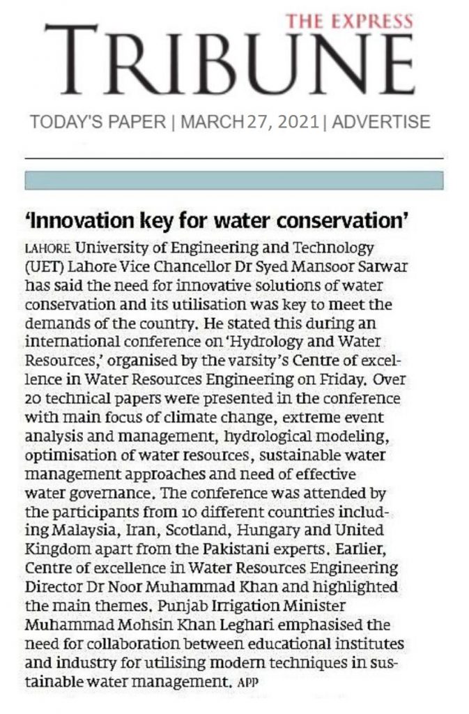 The Express Tribune - News Highlights on International Conference on Hydrology & Water Resources 2021