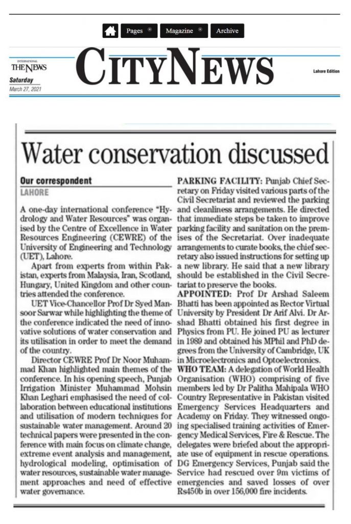 The News - Newspaper Highlights on International Conference on Hydrology & Water Resources 2021 - Organized by CEWRE